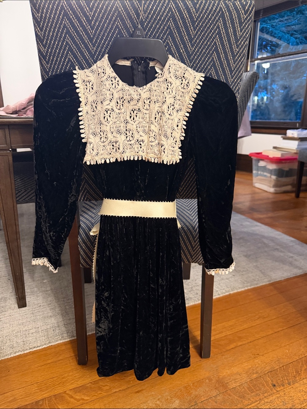 Girls Black Velvet Dress with Cream Lace Bib and Waist Sash